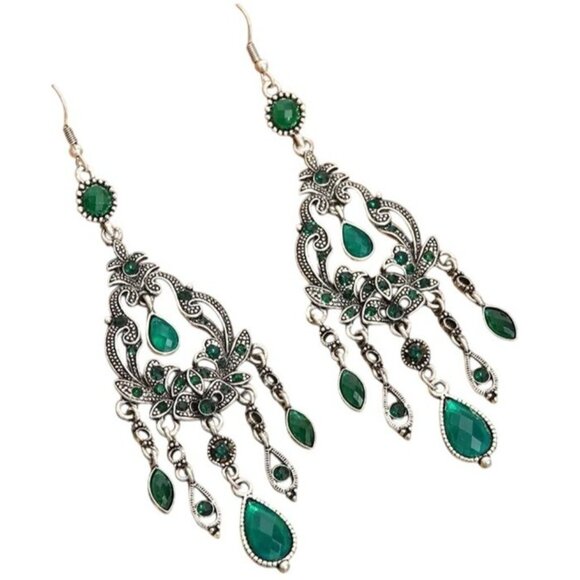 2/$24 Silver Boho Chandelier Dangle Earrings With Emerald Green Gem Accents - Picture 3 of 7